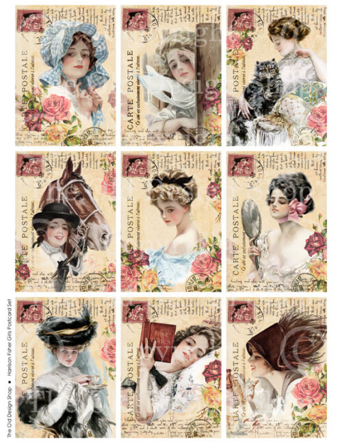 harrison fisher girls, altered vintage postcard, art journal cards, victorian lady atc aceo, digital collage sheet