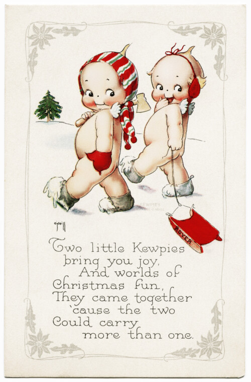 Free vintage clip art Kewpies in snowy field Christmas postcard image