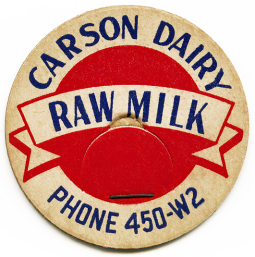 vintage milk bottle cap, carson dairy, old cardboard milk cap, vintage ephemera, red blue milk cap