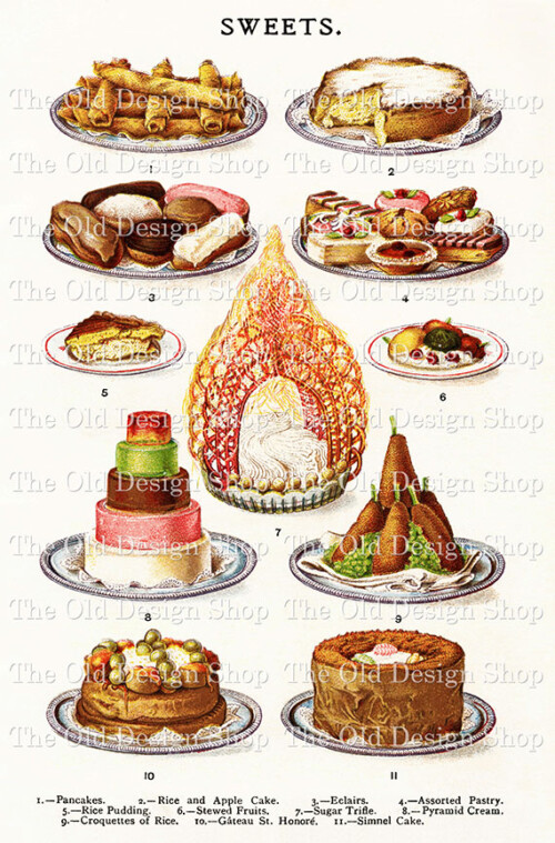 baking clip art, sweet desserts digital graphics, mrs beetons sweets, antique cookbook page