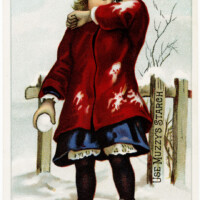 victorian trade card graphic, muzzy's starch, muzzys corn starch advertising card, free printable girl in snow, snowball fight vintage image, vintage clipart child snowball, free vintage image winter