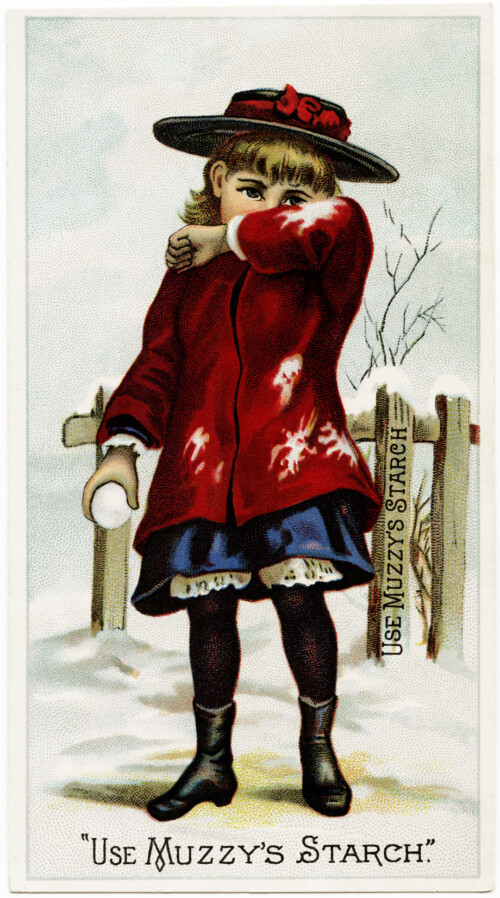 victorian trade card graphic, muzzy's starch, muzzys corn starch advertising card, free printable girl in snow, snowball fight vintage image, vintage clipart child snowball, free vintage image winter