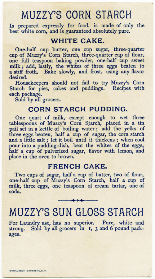 victorian trade card graphic, muzzy's starch, muzzys corn starch advertising card, corn starch vintage recipe, corn starch old cake recipe