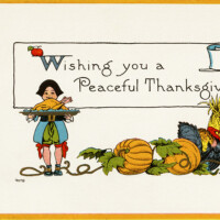 Free vintage clip art pilgrim boy serving turkey on platter Thanksgiving postcard