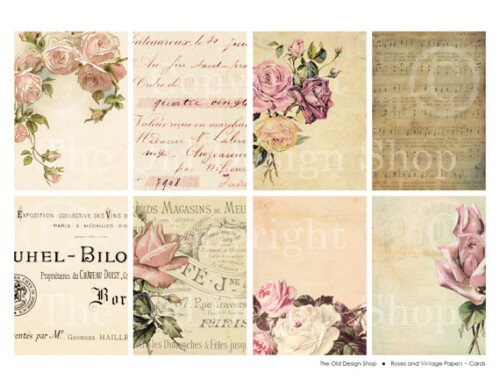 old roses, vintage papers, ATC ACEO background, digital collage sheet, printable feminine cards