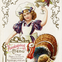 Free vintage clip art Thanksgiving postcard girl with menu turkey and bowl of fruit