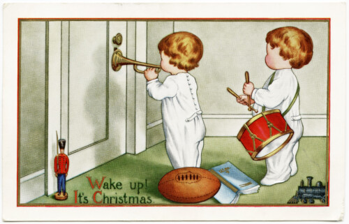 Free vintage clip art Christmas morning wake up children playing music