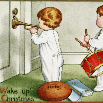 Free vintage clip art Christmas morning wake up children playing music