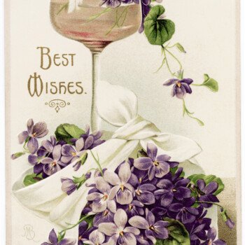 free public domain postcard, vintage violets image, best wishes postcard, wine glass illustration, purple flowers