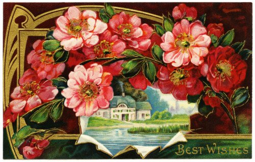 free vintage images, floral vintage postcard, red flowers clipart, antique flowers postcard, vintage floral graphic, free printable flowers