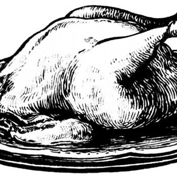 free vintage image, cooked turkey on platter, cooked chicken on plate, traditional holiday meal clipart, roast turkey illustration, free vintage clipart turkey, black and white clipart food, holiday meal clipart, cooked chicken graphic