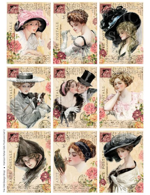 harrison fisher girls, altered vintage postcard, art journal cards, victorian lady atc aceo, digital collage sheet