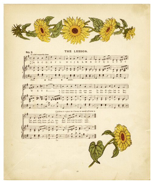 free digital image, vintage sheet music, kate greenaway illustration, antique storybook page, shabby digital graphic, old book page, sunflower clipart