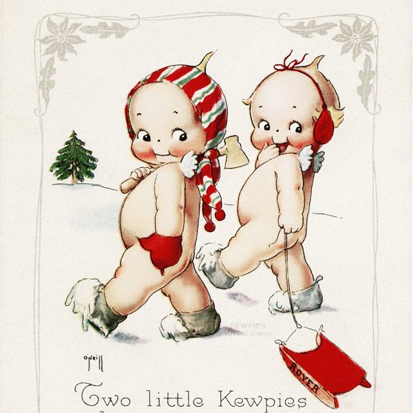 Free vintage clip art Kewpies in snowy field Christmas postcard image