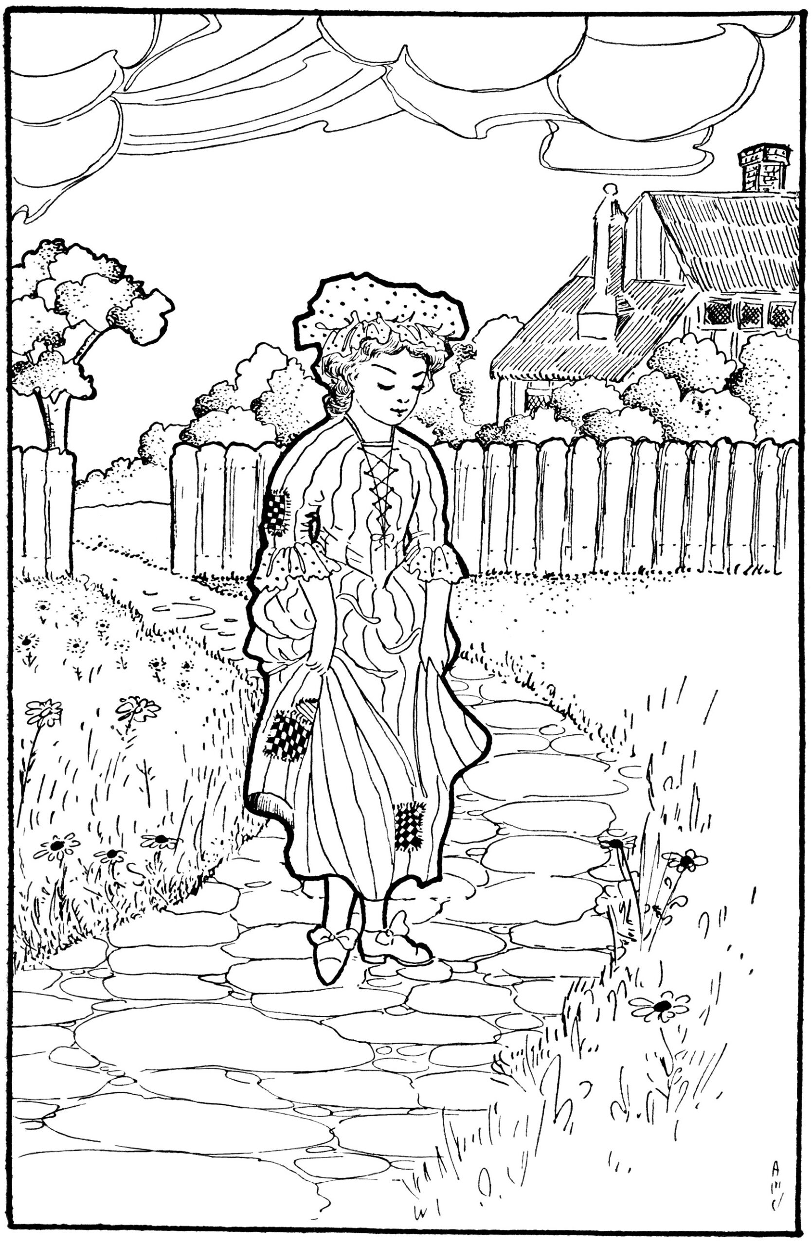 black and white clipart, little goody two shoes, vintage child sketch, line drawing girl walking, free vintage graphic