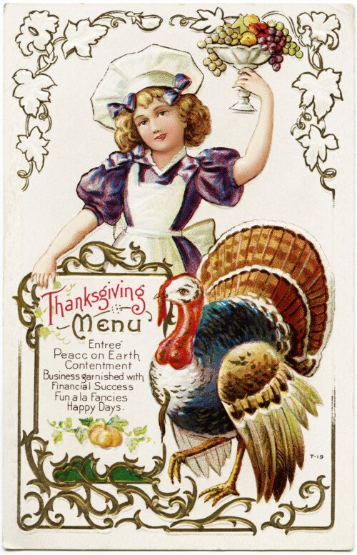 Free vintage clip art Thanksgiving postcard girl with menu turkey and bowl of fruit