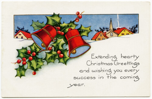Free vintage clip art Christmas bells postcard