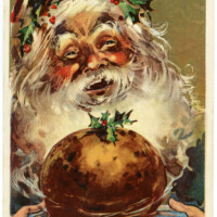 free vintage christmas graphic, antique santa postcard, santa and christmas pudding image, vintage santa clipart, jolly santa