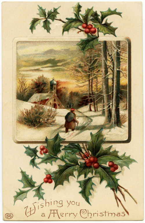 Free vintage clip art country church holly berries Christmas postcard