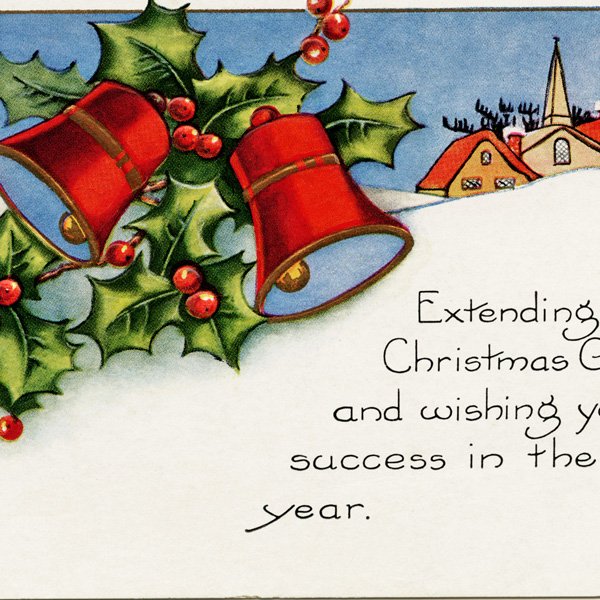 Free vintage clip art Christmas bells postcard