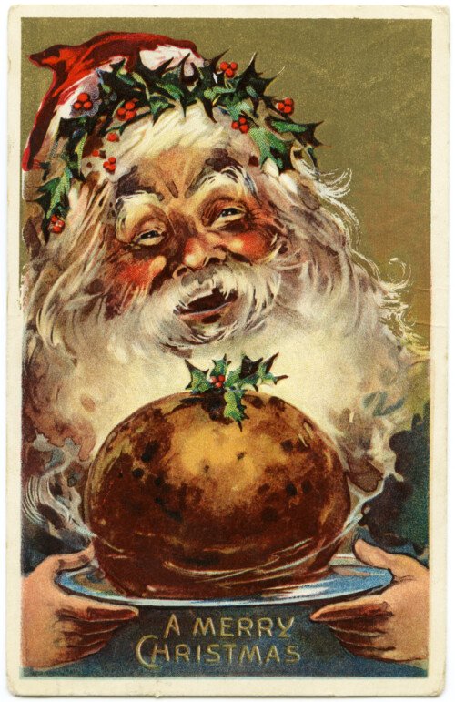 free vintage christmas graphic, antique santa postcard, santa and christmas pudding image, vintage santa clipart, jolly santa