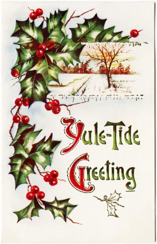 Free vintage clip art Christmas postcard holly berries yule tide greeting