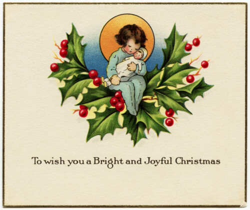 Free vintage Christmas clip art girl and doll sitting on bough of holly and berries