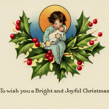 Free vintage Christmas clip art girl and doll sitting on bough of holly and berries