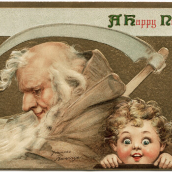 brundage new year postcard, old man young child vintage illustration, happy new year postcard, frances brundage, old fashioned new year wish