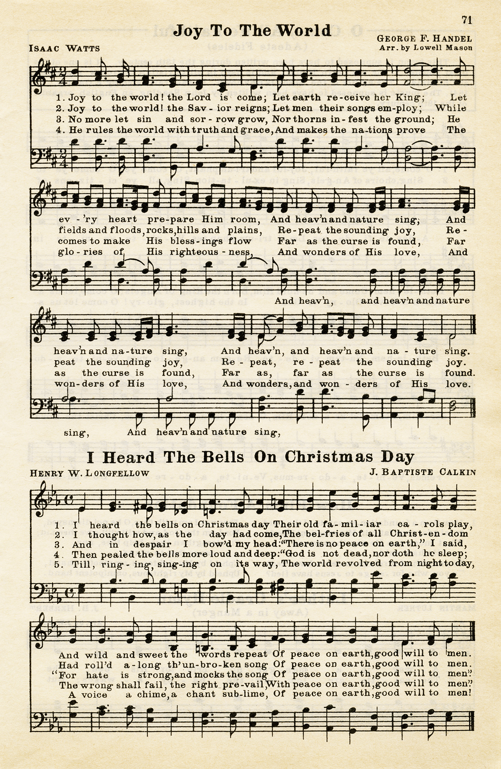 joy to the world, heard the bells on christmas day, vintage sheet music, christmas hymn, public domain christmas song, free sheet music graphic