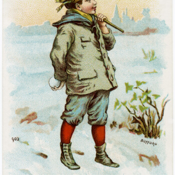 ivers pond piano co, vintage trade card, antique advertising card, boy in winter graphic, free vintage image