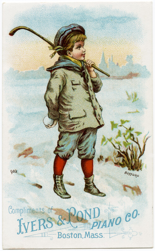 ivers pond piano co, vintage trade card, antique advertising card, boy in winter graphic, free vintage image