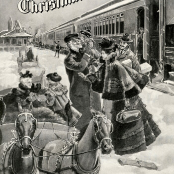 Free vintage clip art lake shore michigan southern railway Christmas ad family horse drawn sleigh