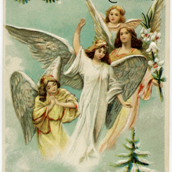 vintage christmas postcard, angels illustration, antique merry christmas image, christmas angels, old fashioned christmas graphic
