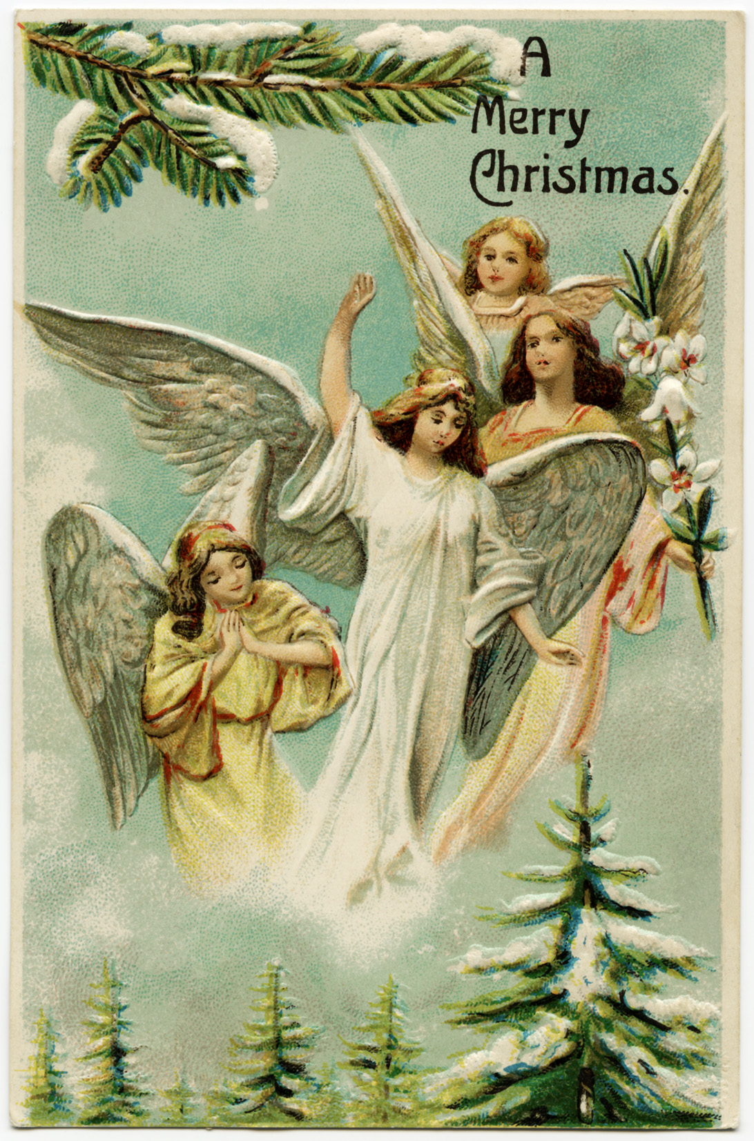 vintage christmas postcard, angels illustration, antique merry christmas image, christmas angels, old fashioned christmas graphic