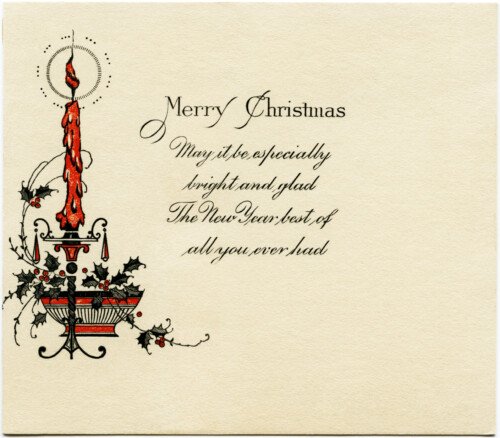 antique christmas card, vintage candle graphic, burning candle clipart, free vintage christmas image, old fashioned christmas illustration