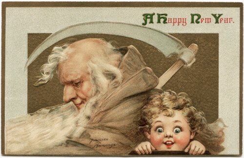 brundage new year postcard, old man young child vintage illustration, happy new year postcard, frances brundage, old fashioned new year wish