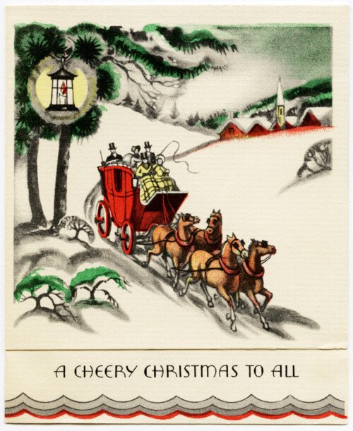 Free vintage Christmas card printable horse drawn carriage 