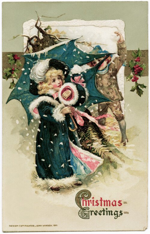 Free vintage clip art Christmas postcard Winsch 1911 girl in blue children having snowball fight illustration