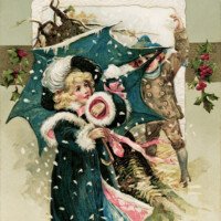 Free vintage clip art Christmas postcard Winsch 1911 girl in blue children having snowball fight illustration