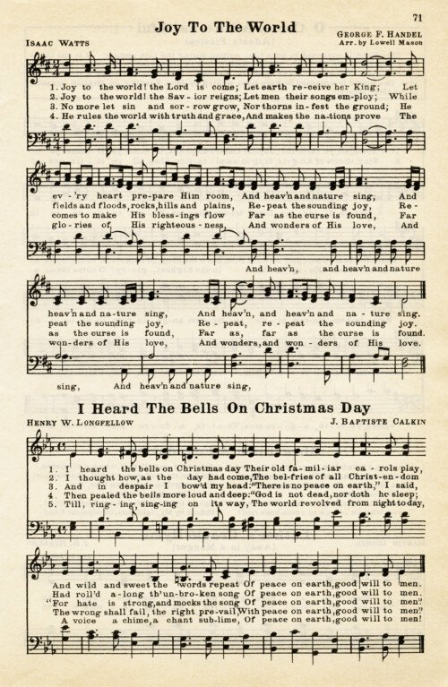 joy to the world, heard the bells on christmas day, vintage sheet music, christmas hymn, public domain christmas song, free sheet music graphic