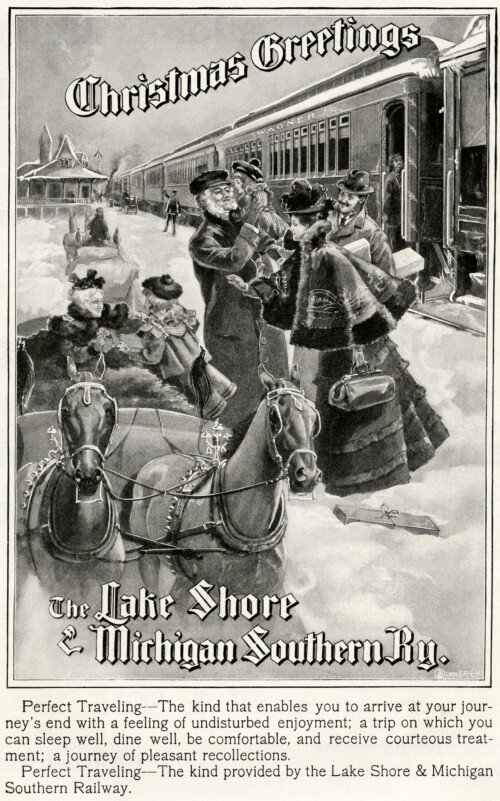 Free vintage clip art lake shore michigan southern railway Christmas ad family horse drawn sleigh