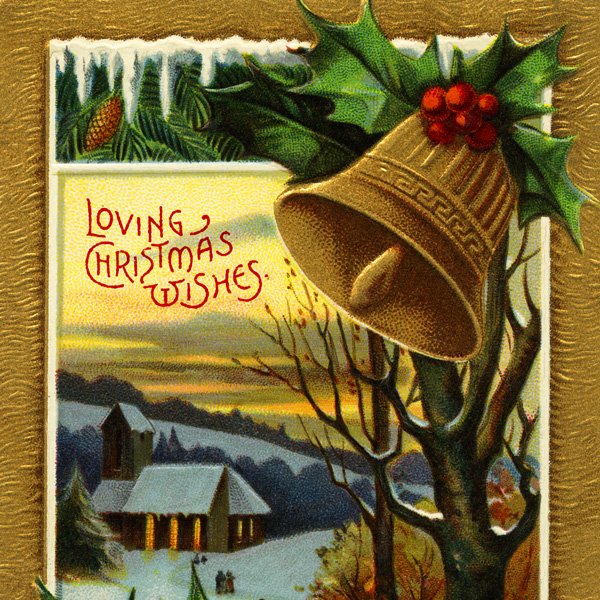 Free vintage clip art Christmas postcard evening country church scene and bells