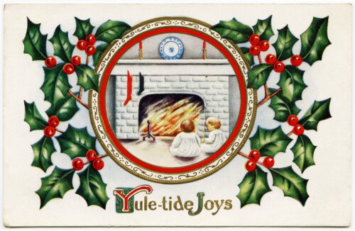 Free vintage clip art Christmas postcard children by fireplace holly berries frame