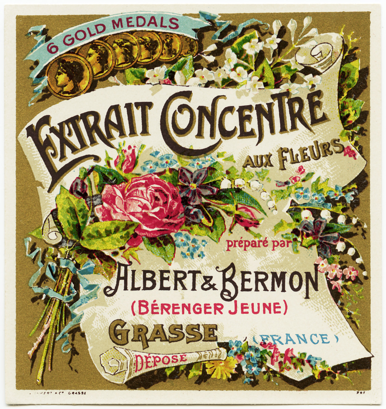 free vintage french label, extrait concentre aux fleurs, albert bermon, antique beauty label, old perfume label