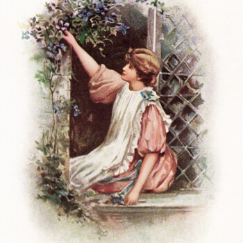 wild flowers from whittier, girl picking flowers, young lady seated in window, free vintage graphic, vine of flowers around window