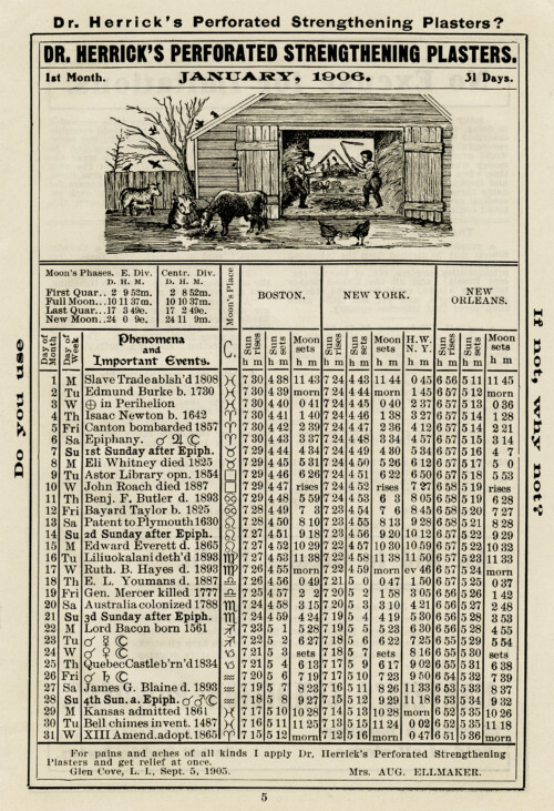 herrick almanac January 1906, important events 1906, free vintage almanac graphic, old book page