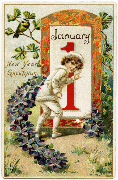 Free vintage clip art boy going to open January 1 door postcard image