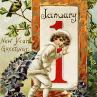 Free vintage clip art boy going to open January 1 door postcard image