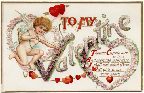 Free vintage clip art valentine postcard cupid hearts poem